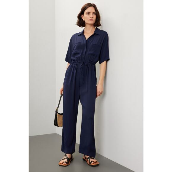 THAKOON COLLECTIVE Navy Short Sleeve Collared Front Button Jumpsuit Size 6 - Picture 1 of 13